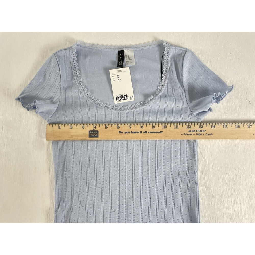 NEW H&M‎ Divided LACE-TRIMMED POINTELLE T-SHIRT Light Baby Blue Women's XS - Picture 5 of 13